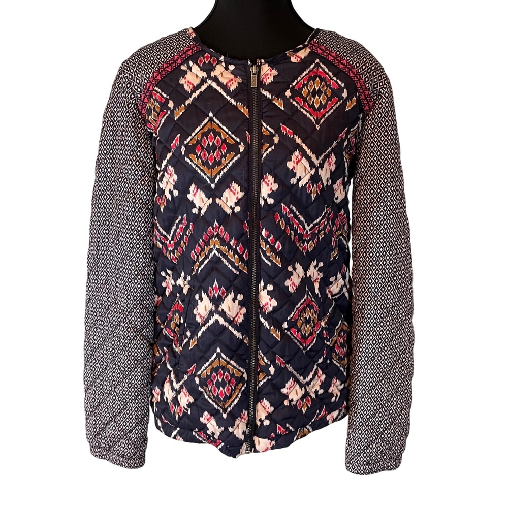 Roxy Quilted Bomber Jacket Geometric Print Full Zip Womens Large Ikat Print Boho
